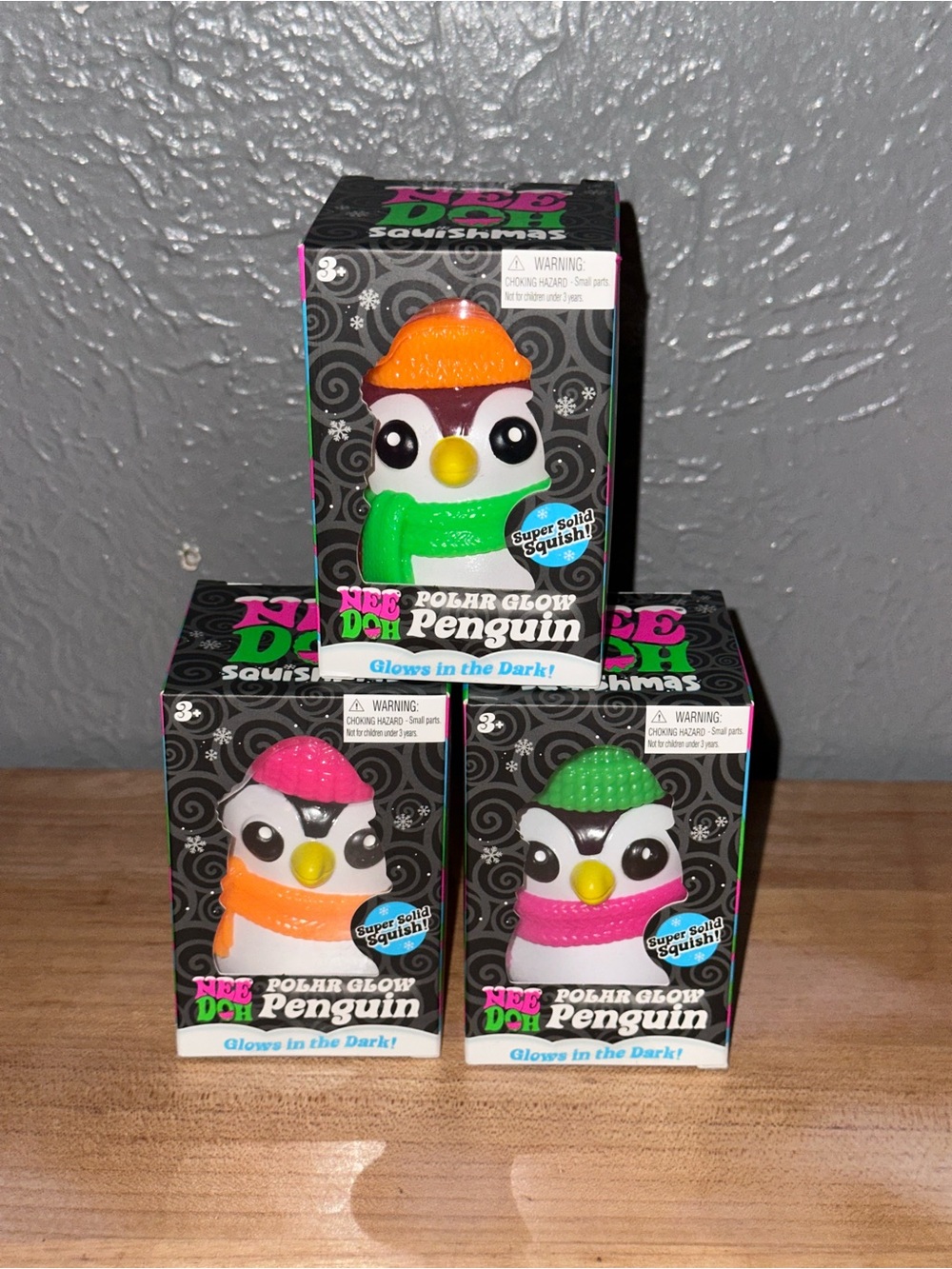 Complete NeeDoh Polar Glow Penguin Set of 3- Blue, Purple and Pink